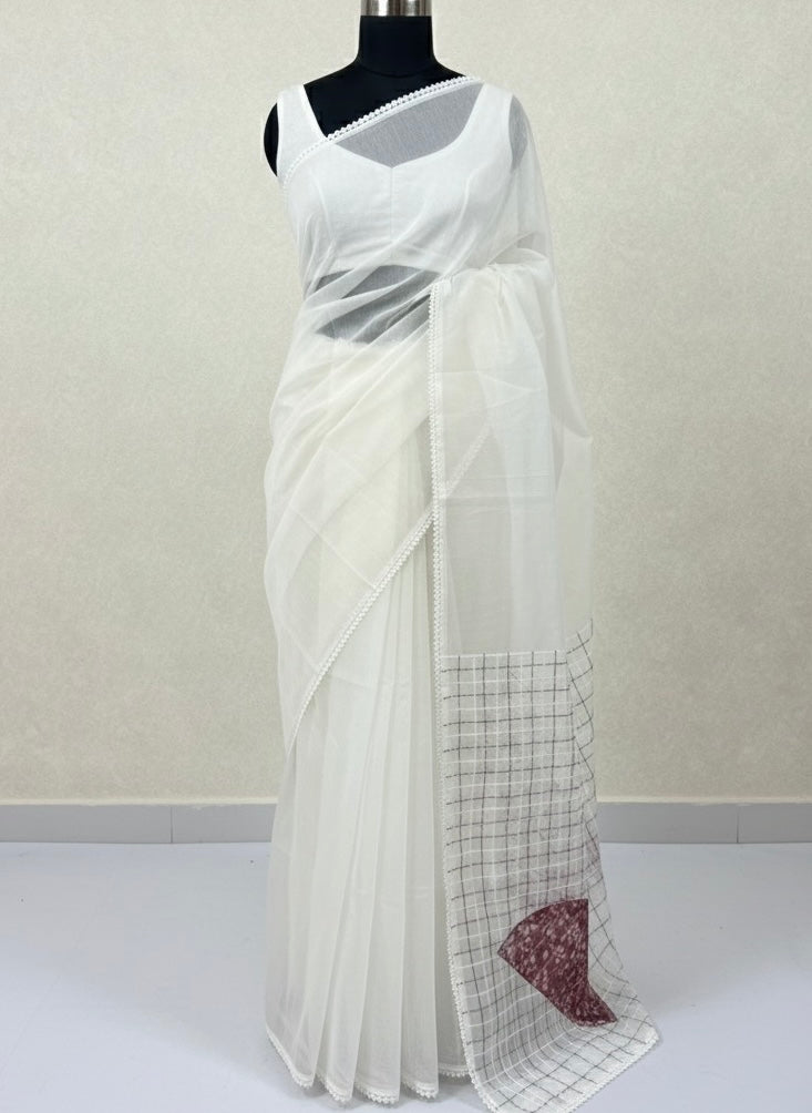 Plain Supernet saree with kanta work on pallu MCJ5123- White