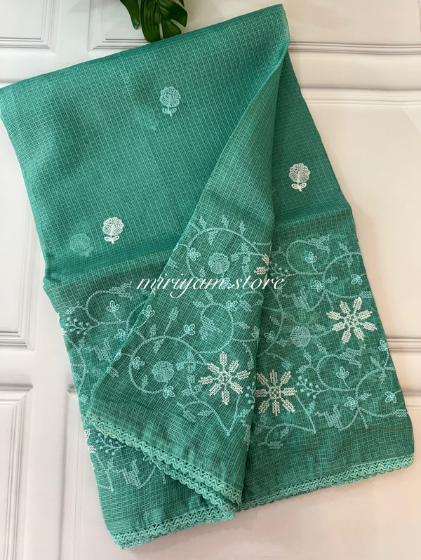 Soft kota checks saree with embroidery MSKC345 BluishGreen