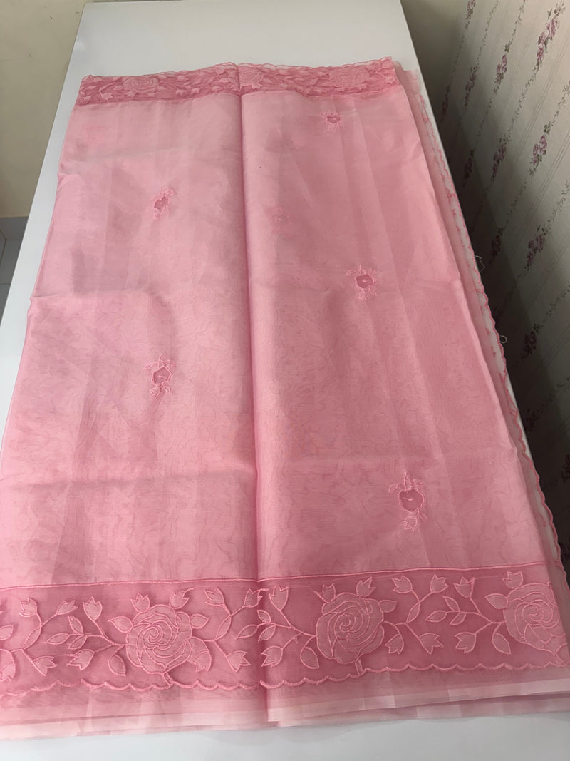 Viscose Organza saree with applique work-MSH101 Pink