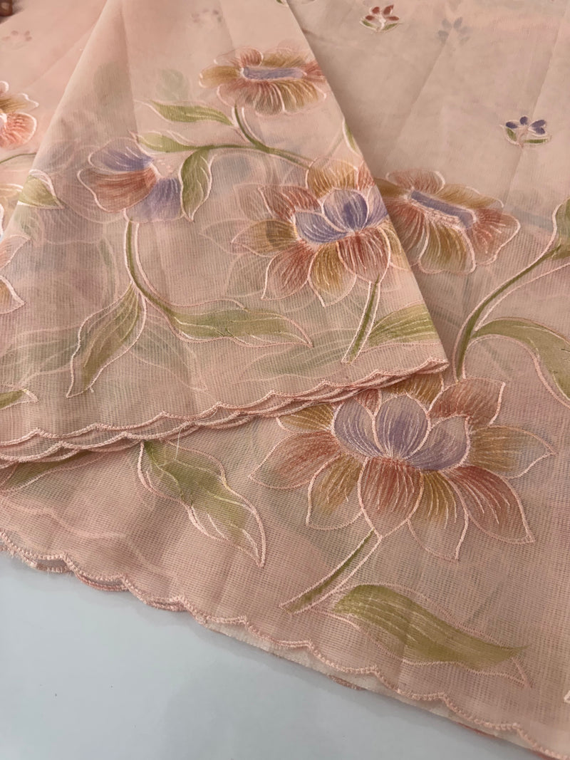 Supernet saree with embroidery and handpainting MSH104- PastelPeach