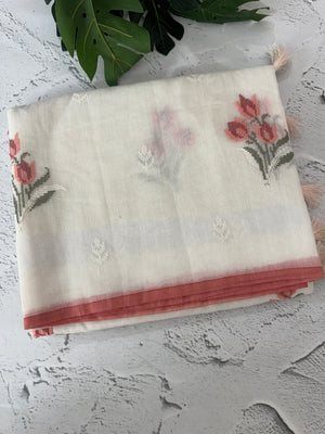Lightweight Supernet saree with cross stitch embroidery MS142 - White to Peach