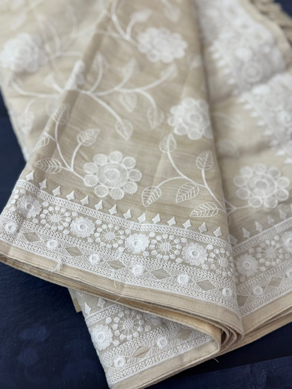 Blended tussar saree with embriodery - MS7399 Cream
