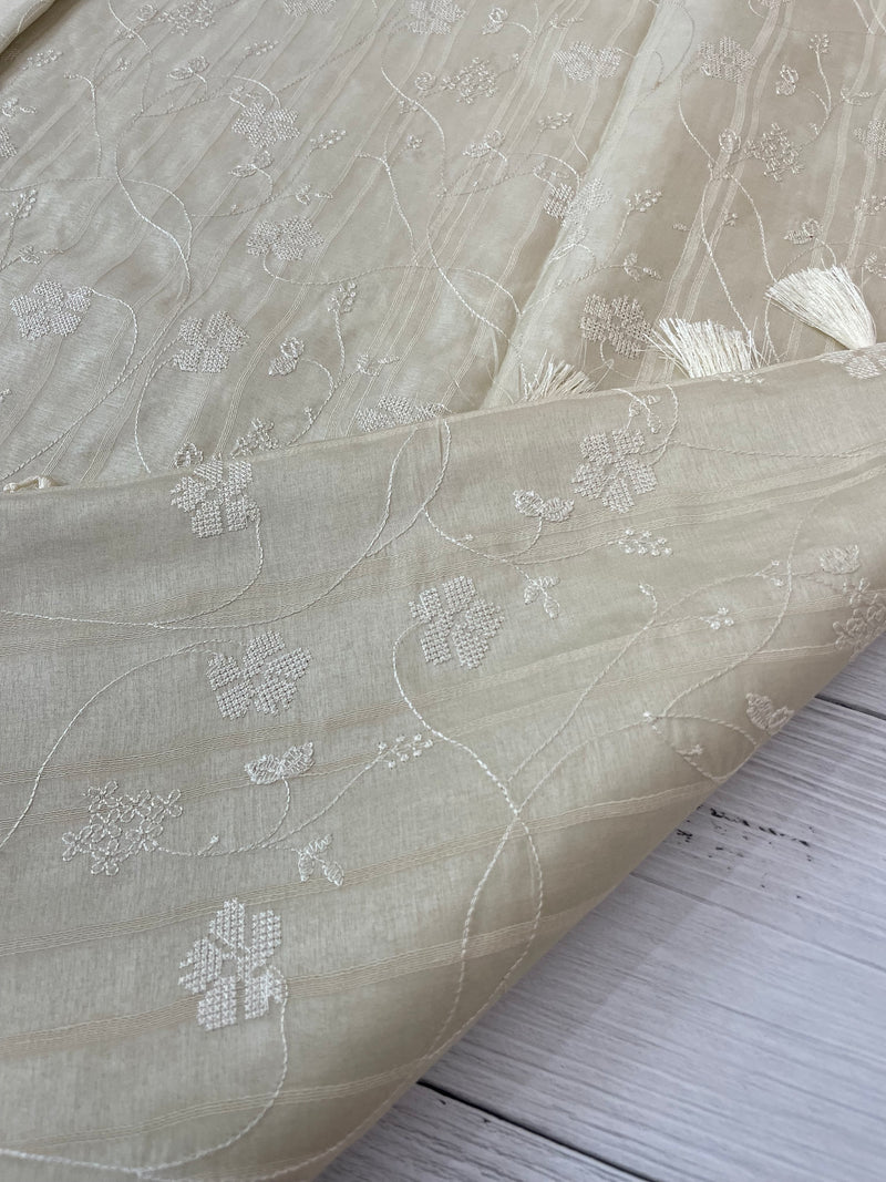 Blended soft tussar saree with embriodery - MS14997 - Offwhite