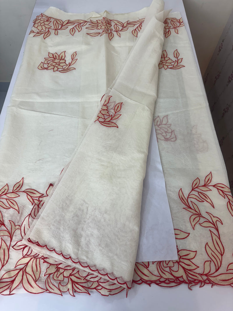 Mul chanderi applique work saree  MSH137 - Cream & Red
