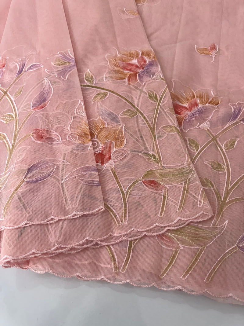 Supernet saree with embroidery and handpaintingwork MSH104- Pastel PeachPink