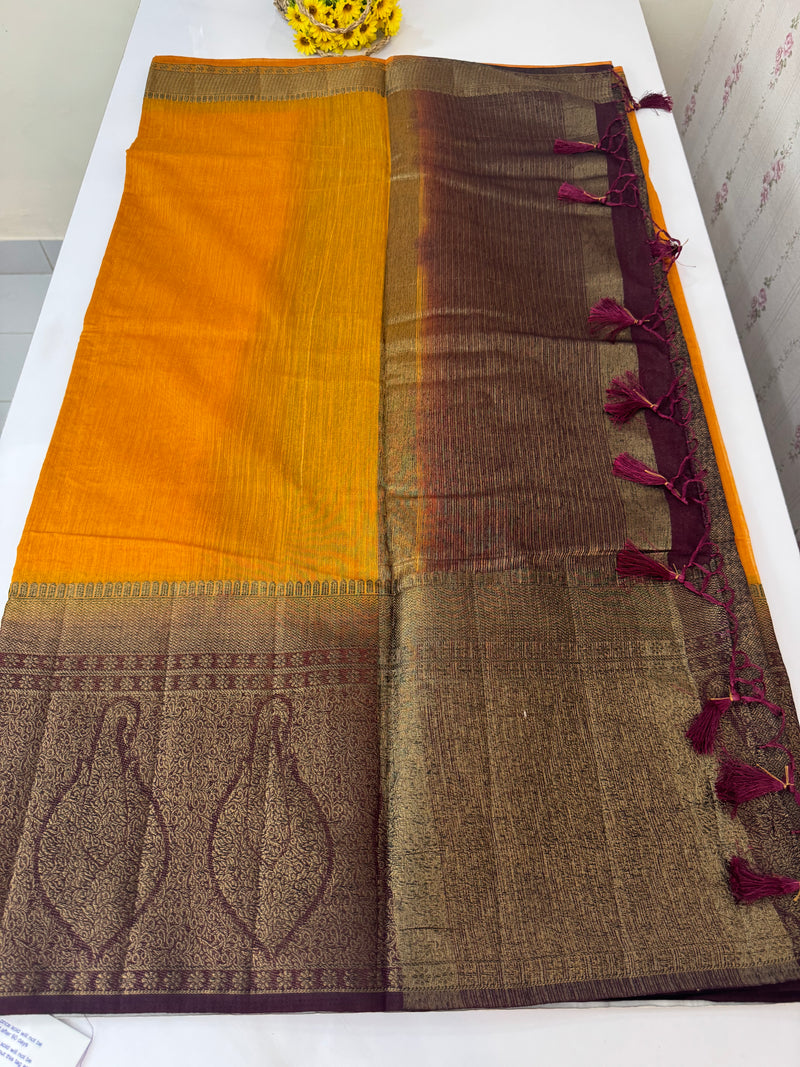 Jute silk sarees with contrast pallu & brocade blouse MJL877