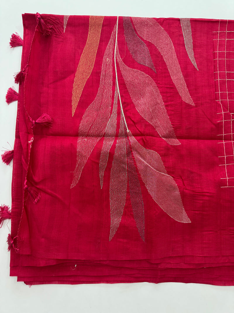 Crushed Blended tussar silk saree with embroidery- SNFCYEY DARKPINK