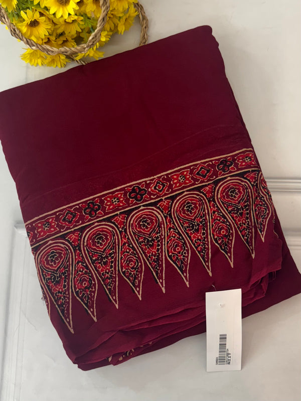 Pure Ajrakh Georgette saree MGS76- Maroon