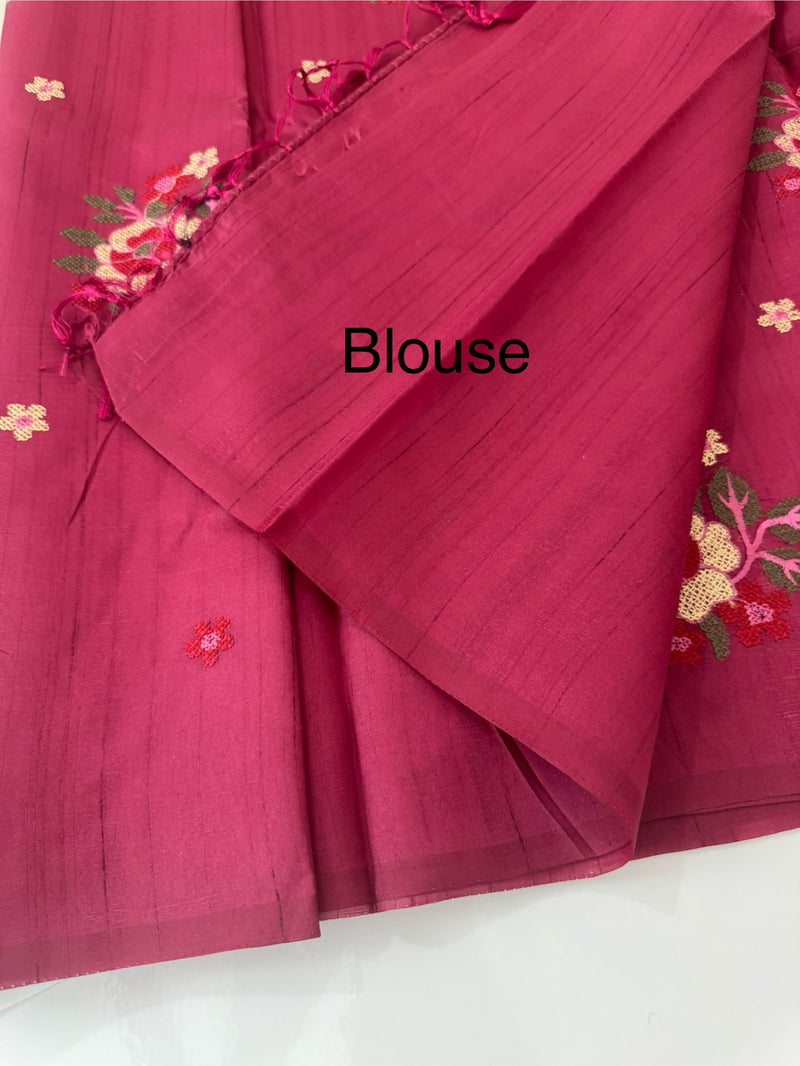 Blended matka tussar silk saree with embroidery - MS90654 Cranberry
