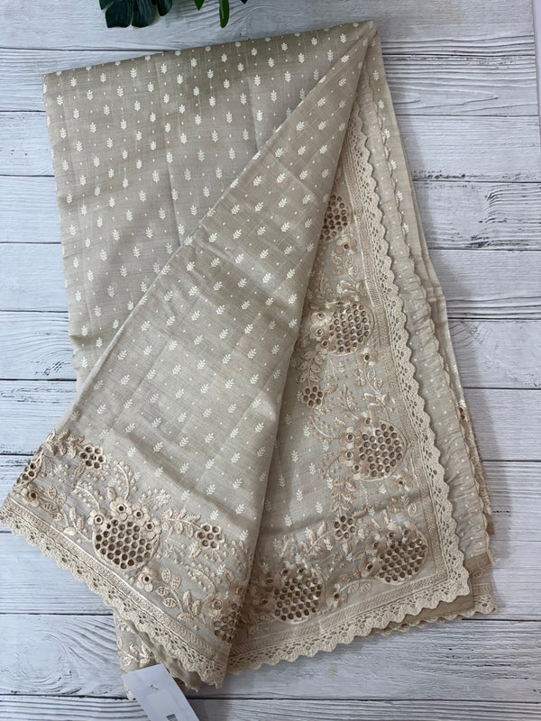 Cutwork blended tussar saree   - Cream MS5222