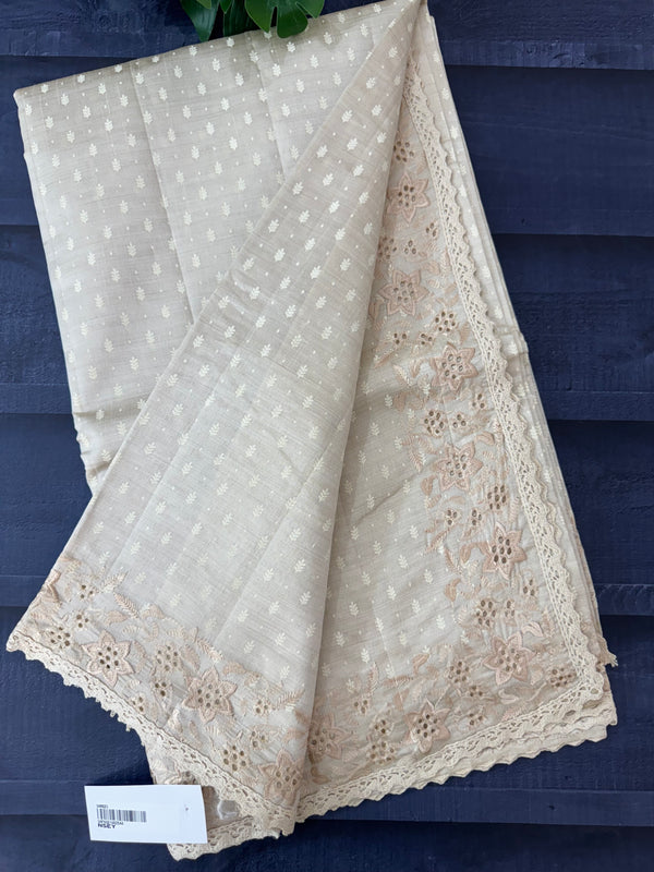 Cutwork blended tussar saree   - Cream MS5222