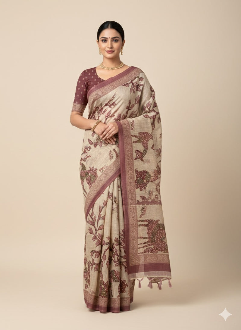 Blended linen saree with knotted embroidery and digital prints MLS4545