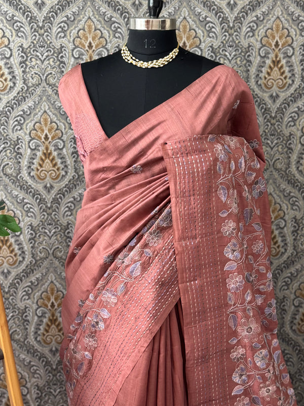 Crushed Blended tussar silk saree with embroidery- SNFCYEY Dusky Peach