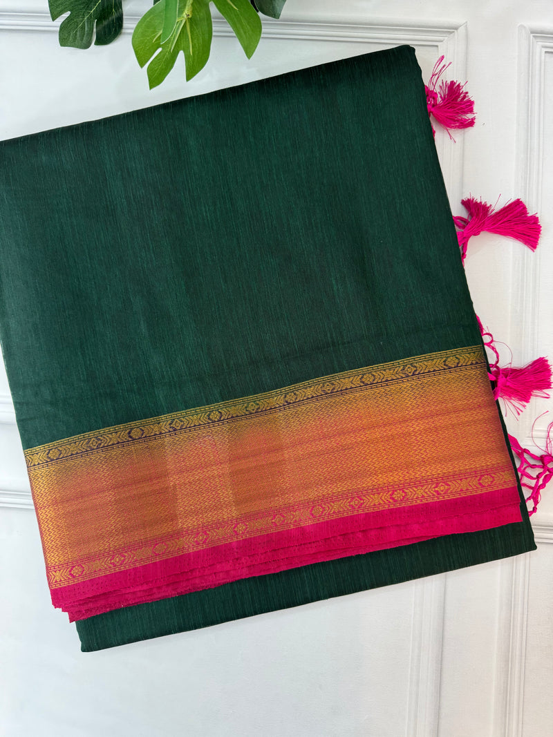 Jute silk sarees with contrast pallu & blouse MJL337 BottleGreen to RaniPink