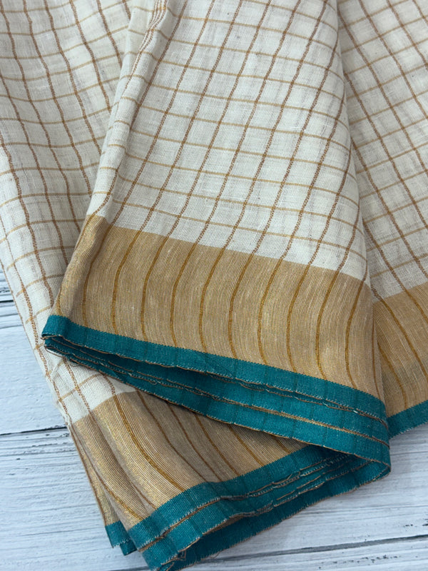 Linen checks saree with antique zari border MLS9766- RAMA GREEN
