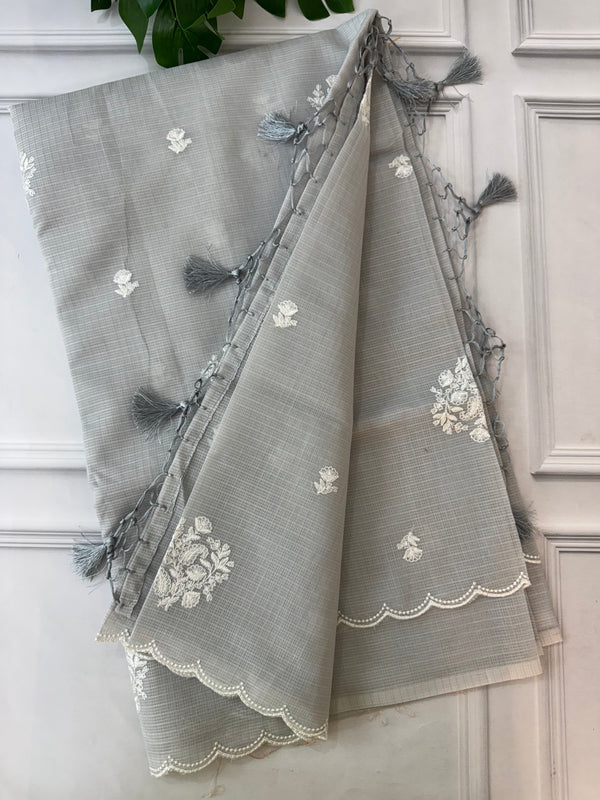 Soft kota checks saree with embroidery BFW497 PastelGrey