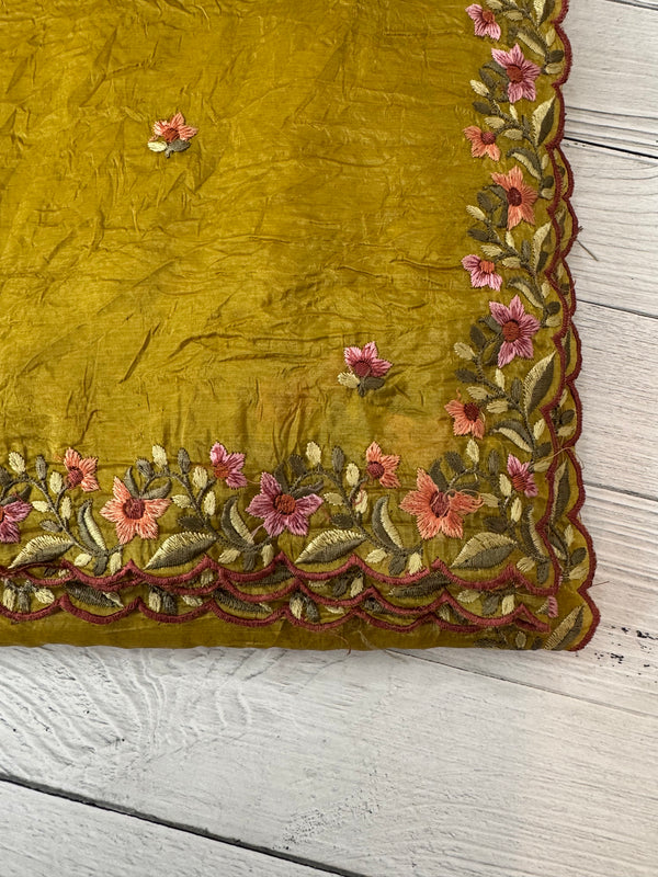 Crush Organza embroidery saree MS14567- Greeny Mustard