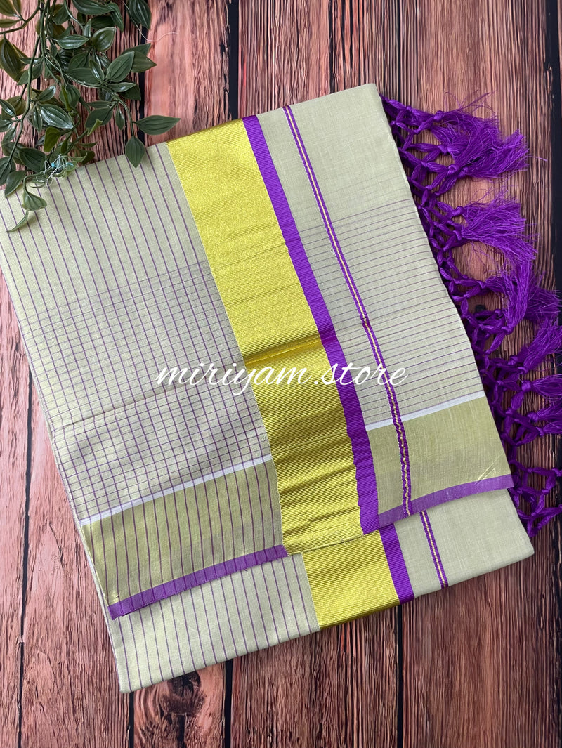 Kerala tissue cotton saree - Magenta lines