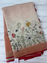 Handworked floral digital printed semi Linen Saree MLS611