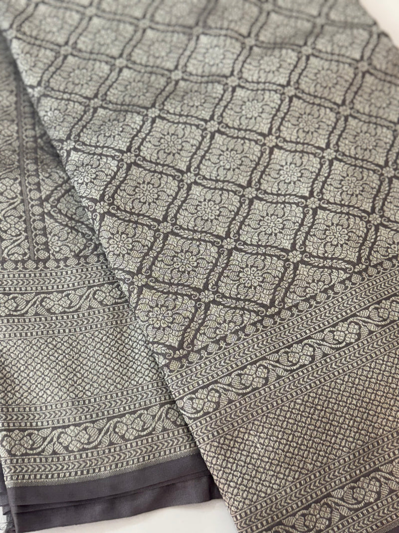 Banarasi semi katan saree in silver zari SHKNRIM- Ash