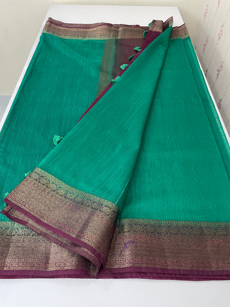 Jute silk sarees with contrast  pallu & blouse MJL324 Green to Wine