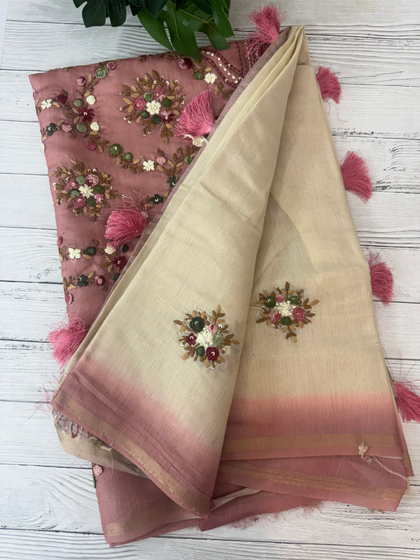 Kosa Tussar silk saree with hand embriodery - MS8199 PeachPink