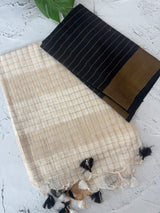 Linen cotton saree with antique zari checks MLS9766- Offwhite and Black