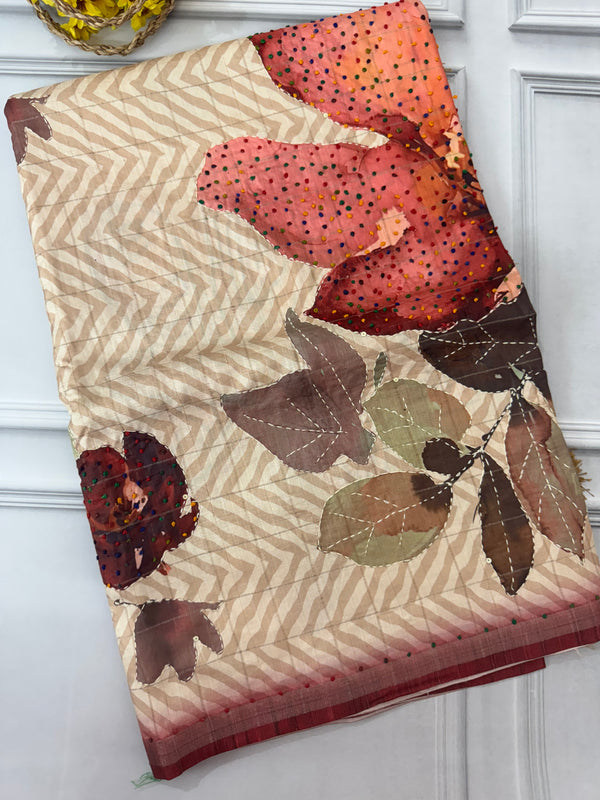 Blended tussar silk saree with french knots, sequence and kanta work - MS14855