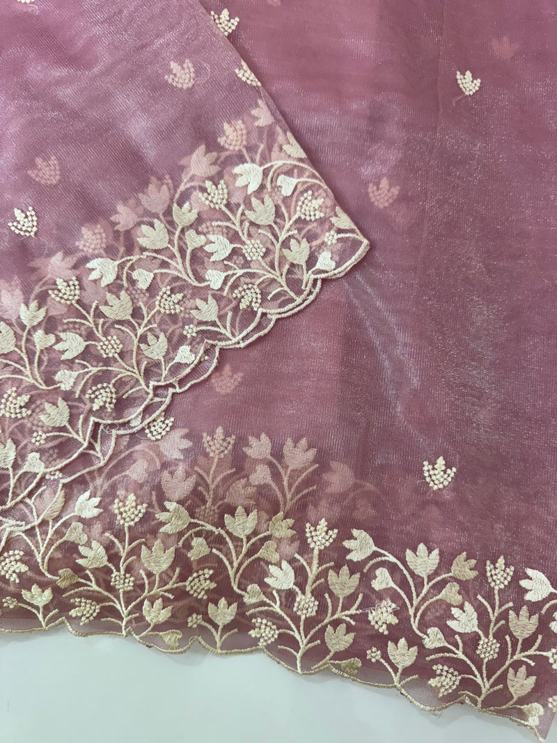 Glassy tissue organza saree with embroidery FKSF88- Pink 2