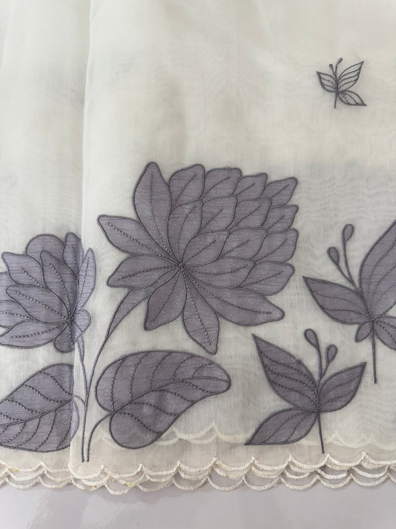 Tissue mix soft silk saree with applique work MTSS5432 White to Grey