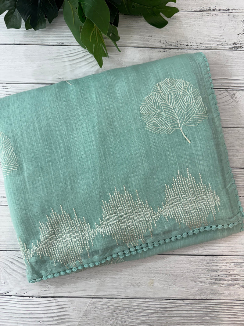 Semi linen saree with embroidery- MS15087 PastelAqua Blue