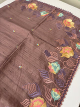 Crushed Blended tussar silk saree with embroidery- MTS355 - DuskyMauve