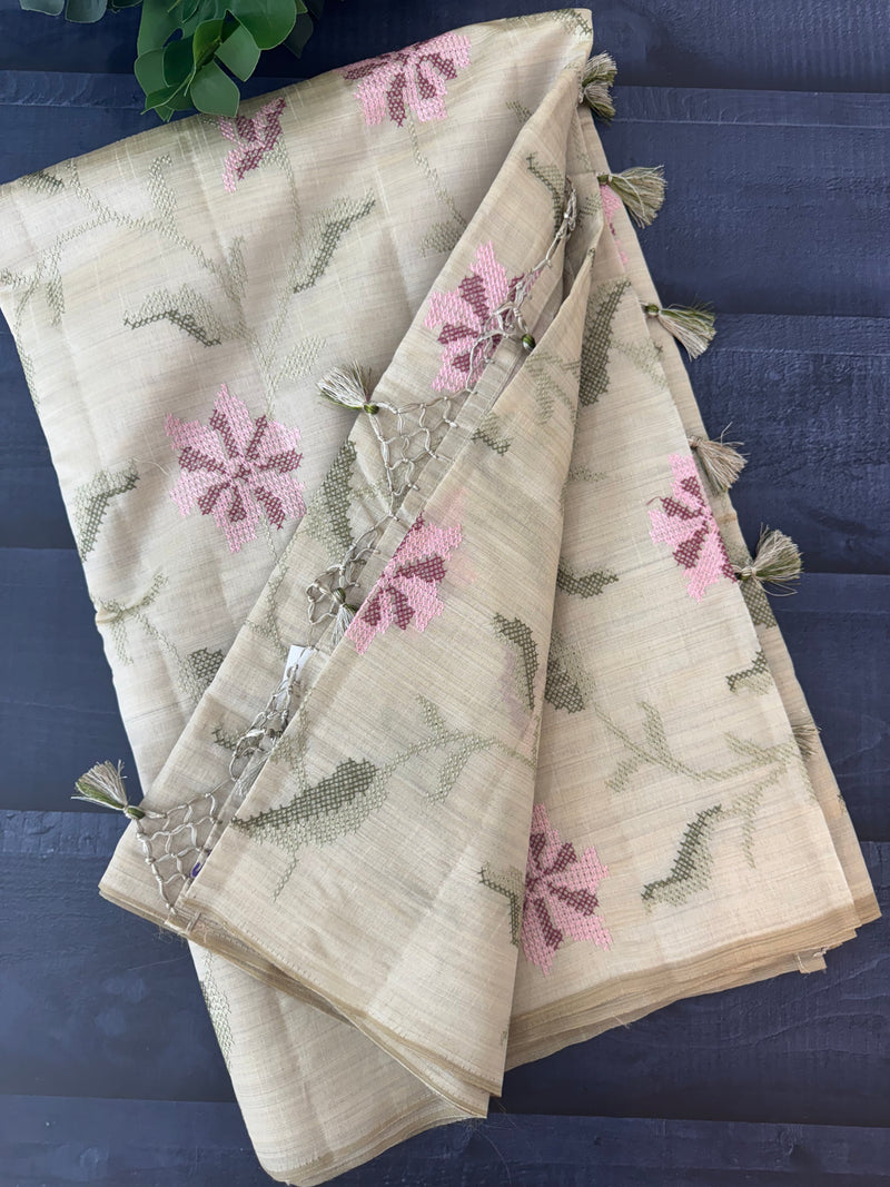 Soft semi tussar silk saree with cross stitch embroidery-MSCS638