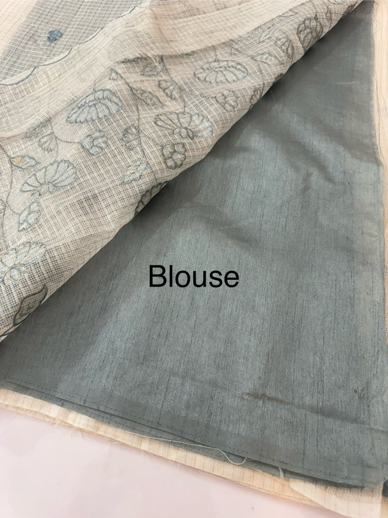Tissue silk saree with zari checks and applique work  MSH105- Offwhite to Grey