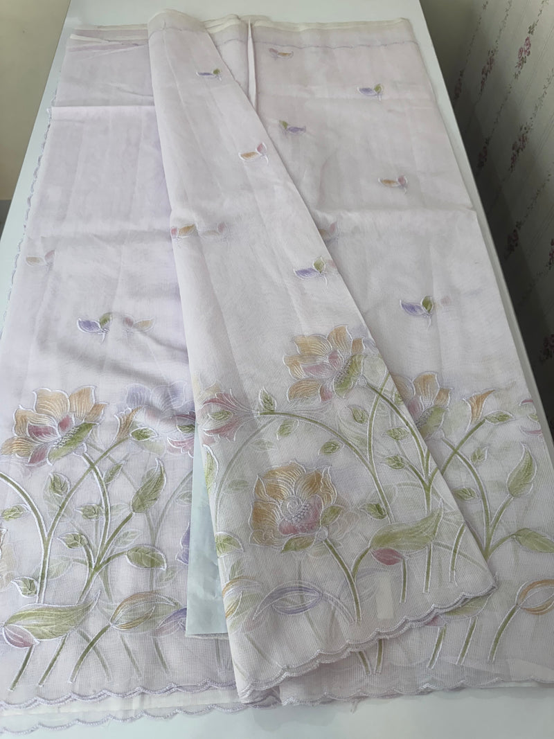 Supernet saree with embroidery and handpainting MSH104- Pastel Lavender