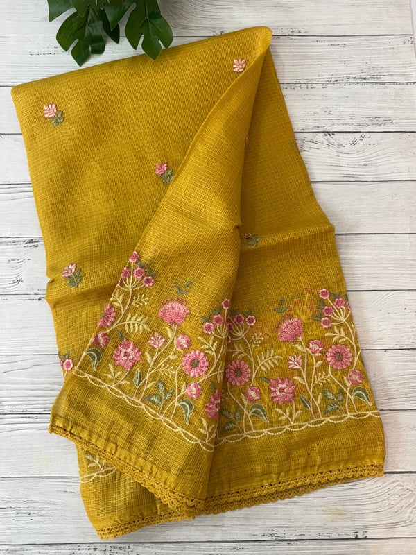 Soft kota checks saree with embroidery - SVPSNM MustardYellow