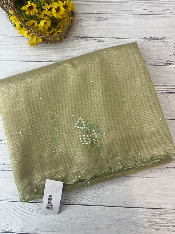 Tissue silk saree with mirror work and scalloped border MTSS432- LightGreen