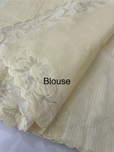 Striped Mul chanderi saree with applique borders MSH987 - Pale Yellow