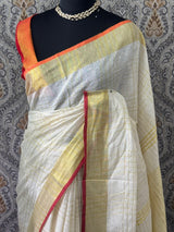 Linen saree with gold zari checks MLS9766- (red and orange borders)