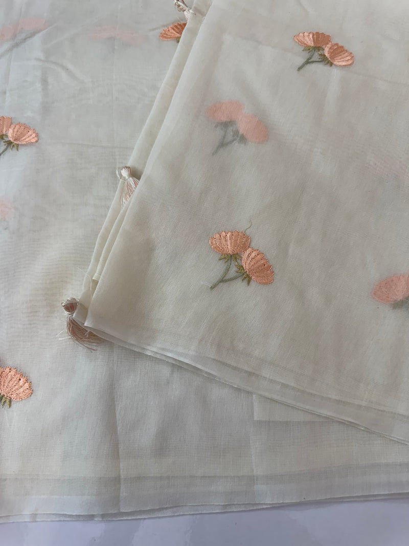Mul chanderi saree with embriodery MSH114- Peach flowers