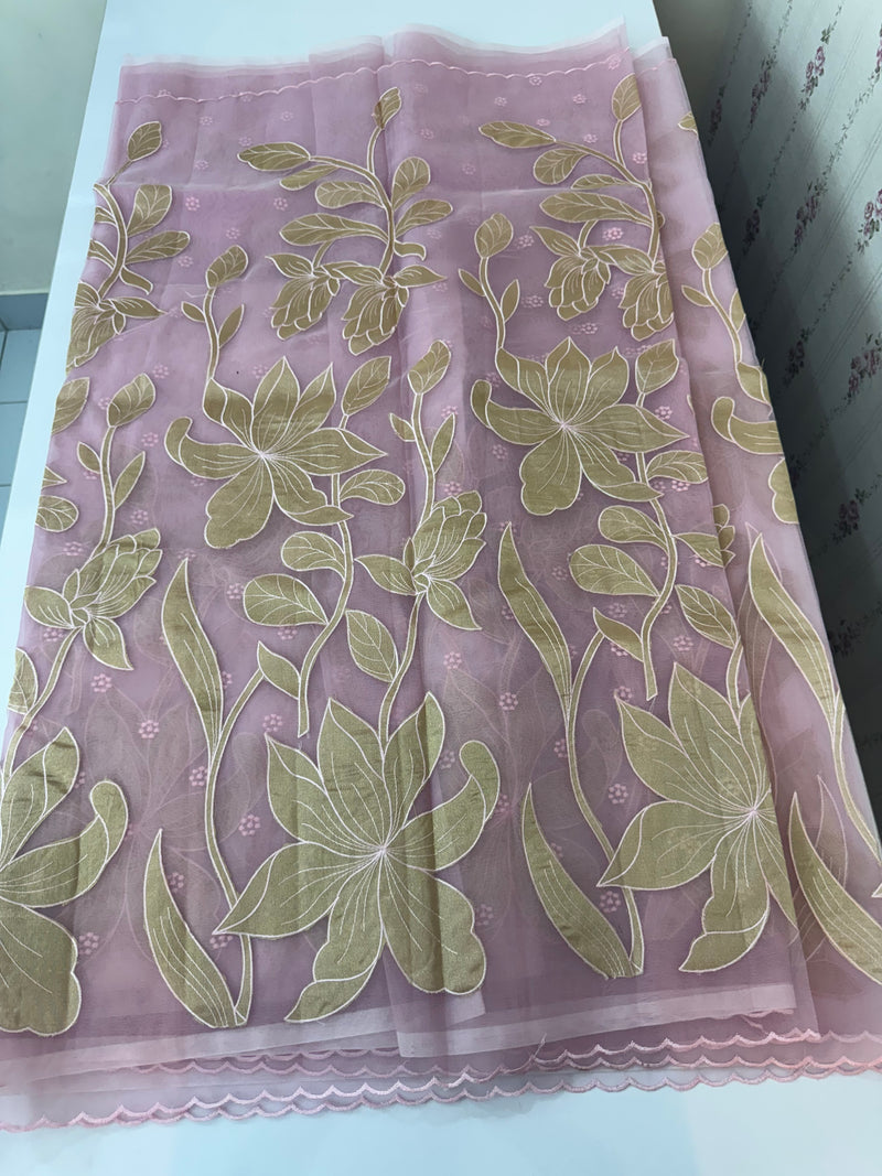 Organza saree with tissue applique work MS5081 Pink