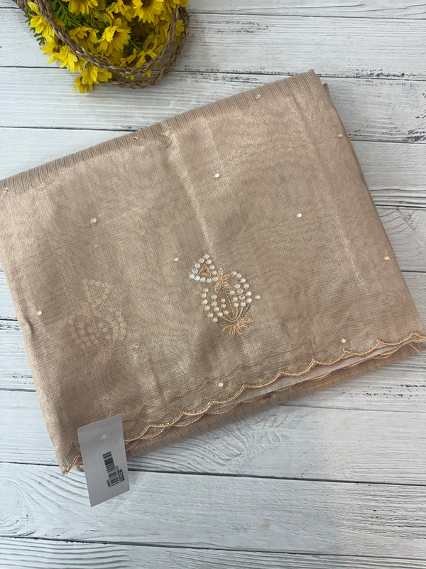 Tissue silk saree with mirror work and scalloped border MTSS432 - NudePink