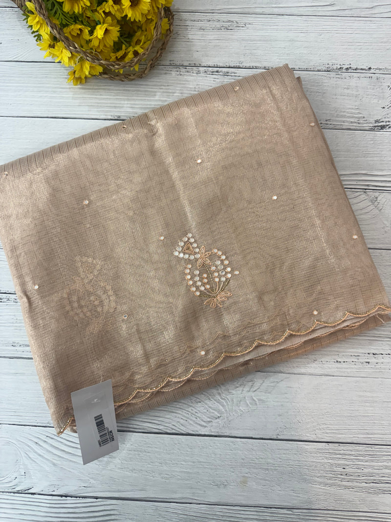 Tissue silk saree with mirror work and scalloped border MTSS432 - NudePink
