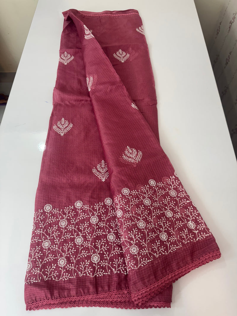 Kota checks saree with embroidery SVTS31 Pink