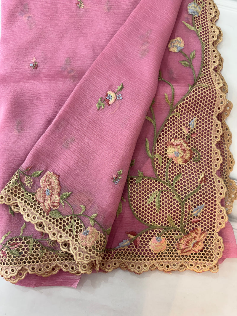 Crush Georgette-Organza cutwork & embroidery saree  MS8501 - BISCCNYY Pink