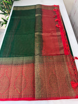 Jute silk sarees with contrast pallu & blouse MJL3412 BottleGreen to Red