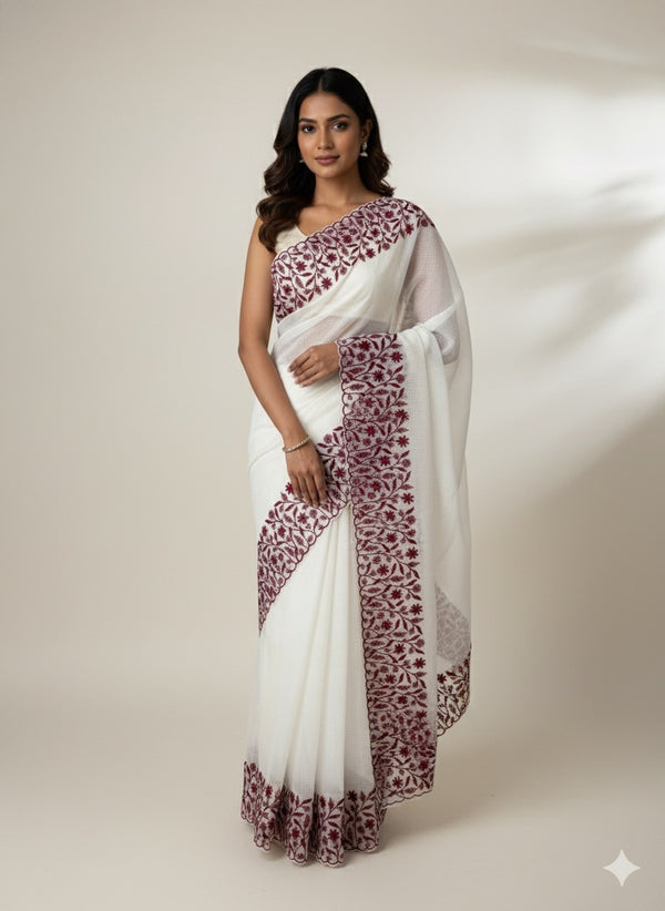 Kota silk saree with embroidery MSB643 White & Maroon