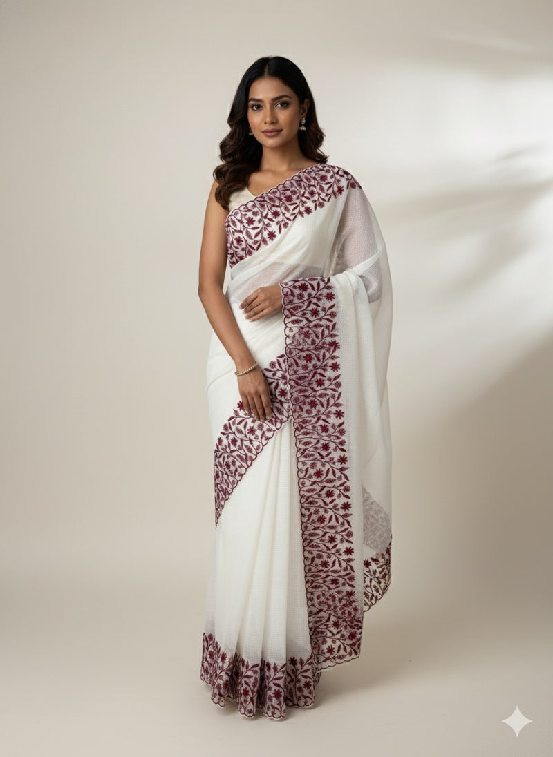 Kota silk saree with embroidery MSB643 White & Maroon