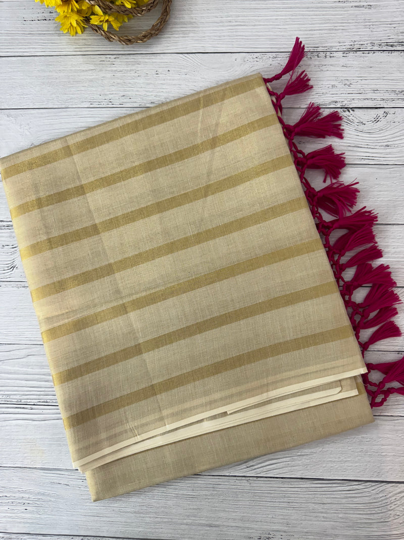 Kerala tissue saree - Stripes with Pink tassels