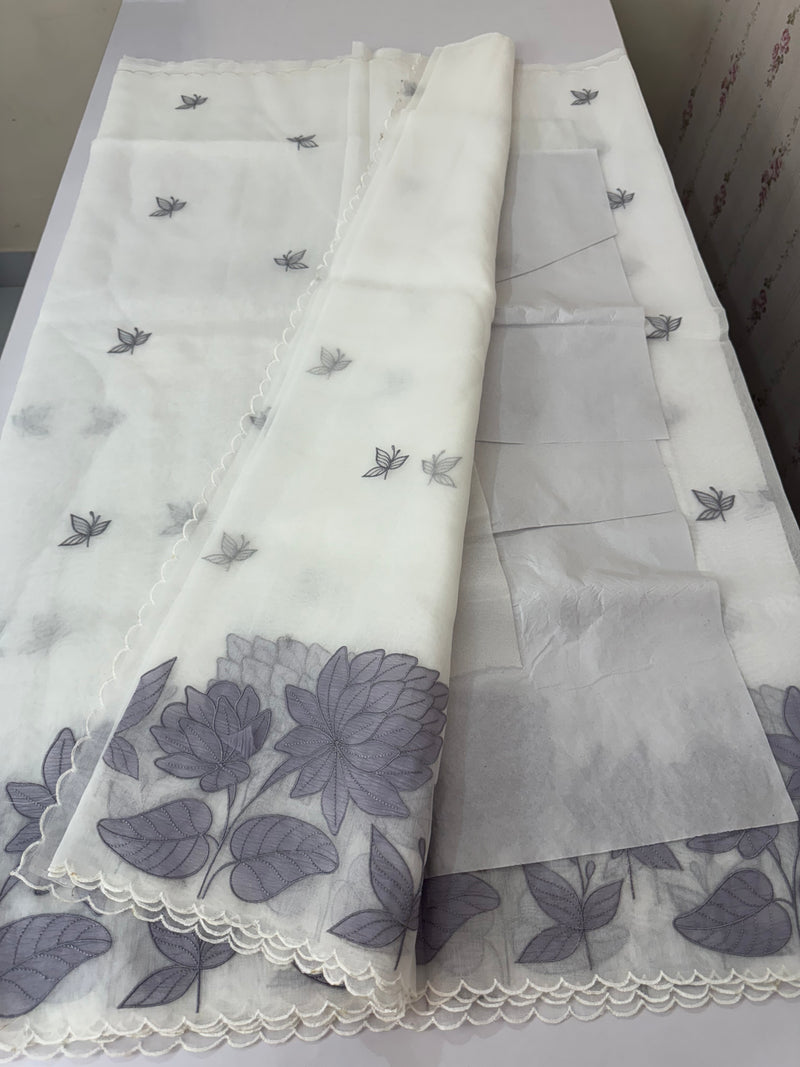 Tissue mix soft silk saree with applique work MTSS5432 White to Grey
